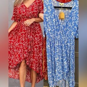 Lot of 2 Floral Blue and Red Faux Wrap Dresses